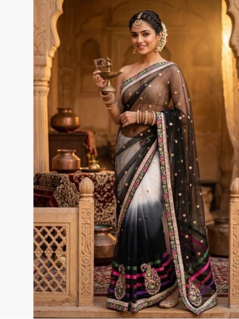 NEW Sheer Black Ombre Saree with Gold Sequins and Pink-Green Floral Border